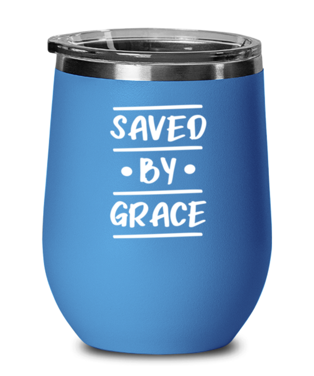 Saved by Grace, blue drinkware metal glass. Model 60062