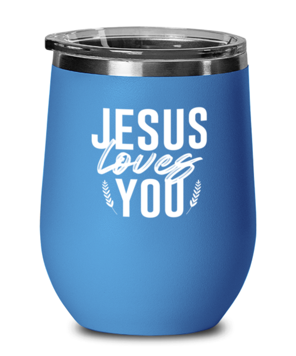 Jesus Loves You, blue drinkware metal glass. Model 60062