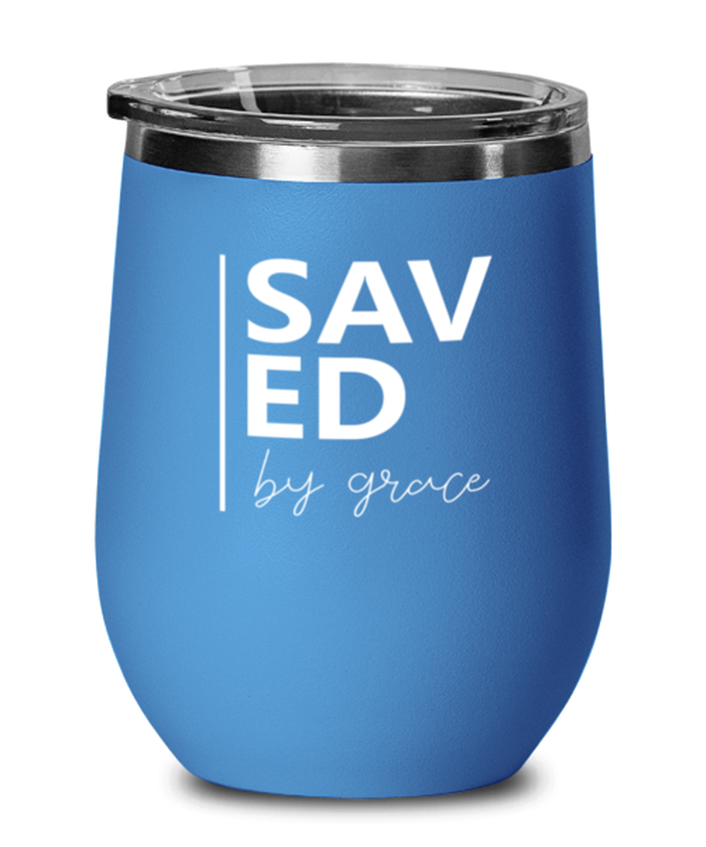 Saved by Grace, blue drinkware metal glass. Model 60062
