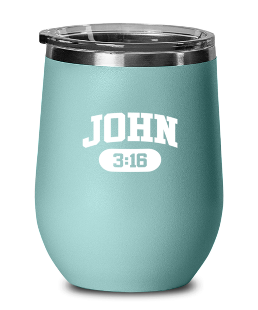 John 3:16, teal drinkware metal glass. Model 60063