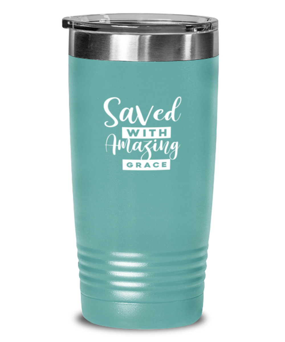 Saved With Amazing Grace, teal tumbler. Model 60064