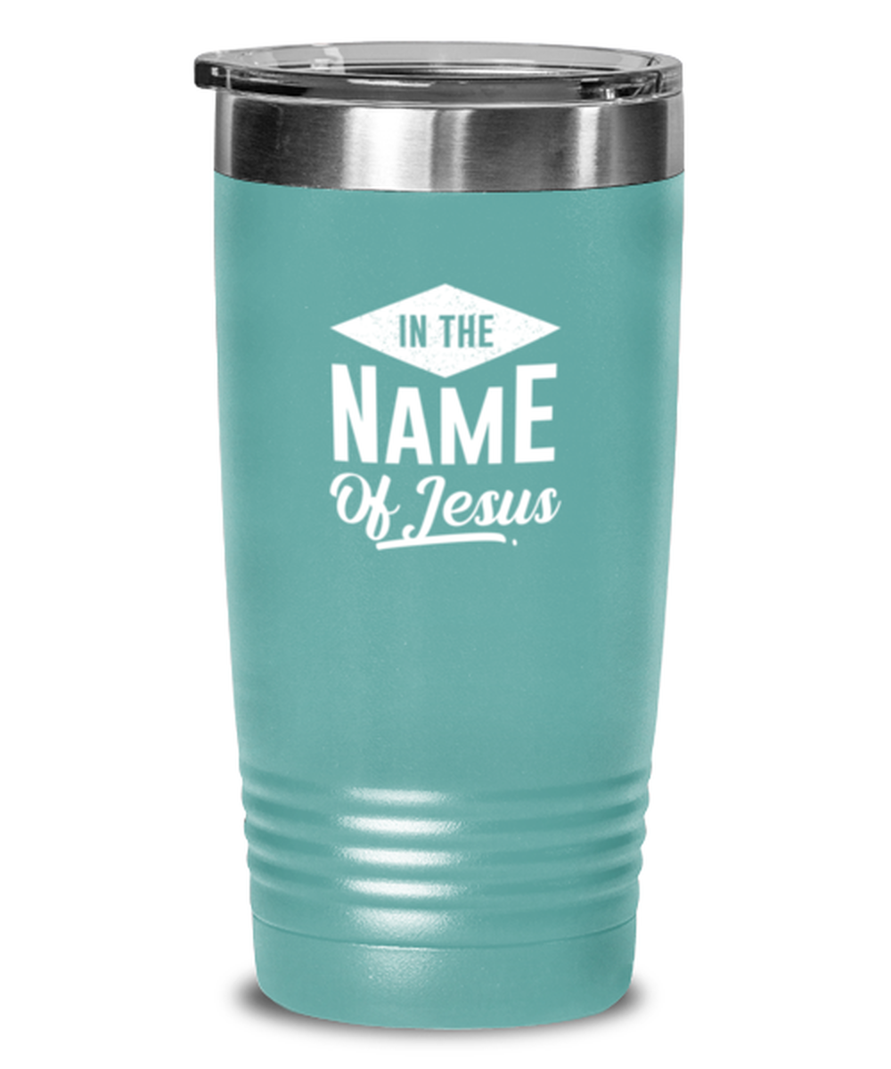 In the Name of Jesus 2, teal tumbler. Model 60064