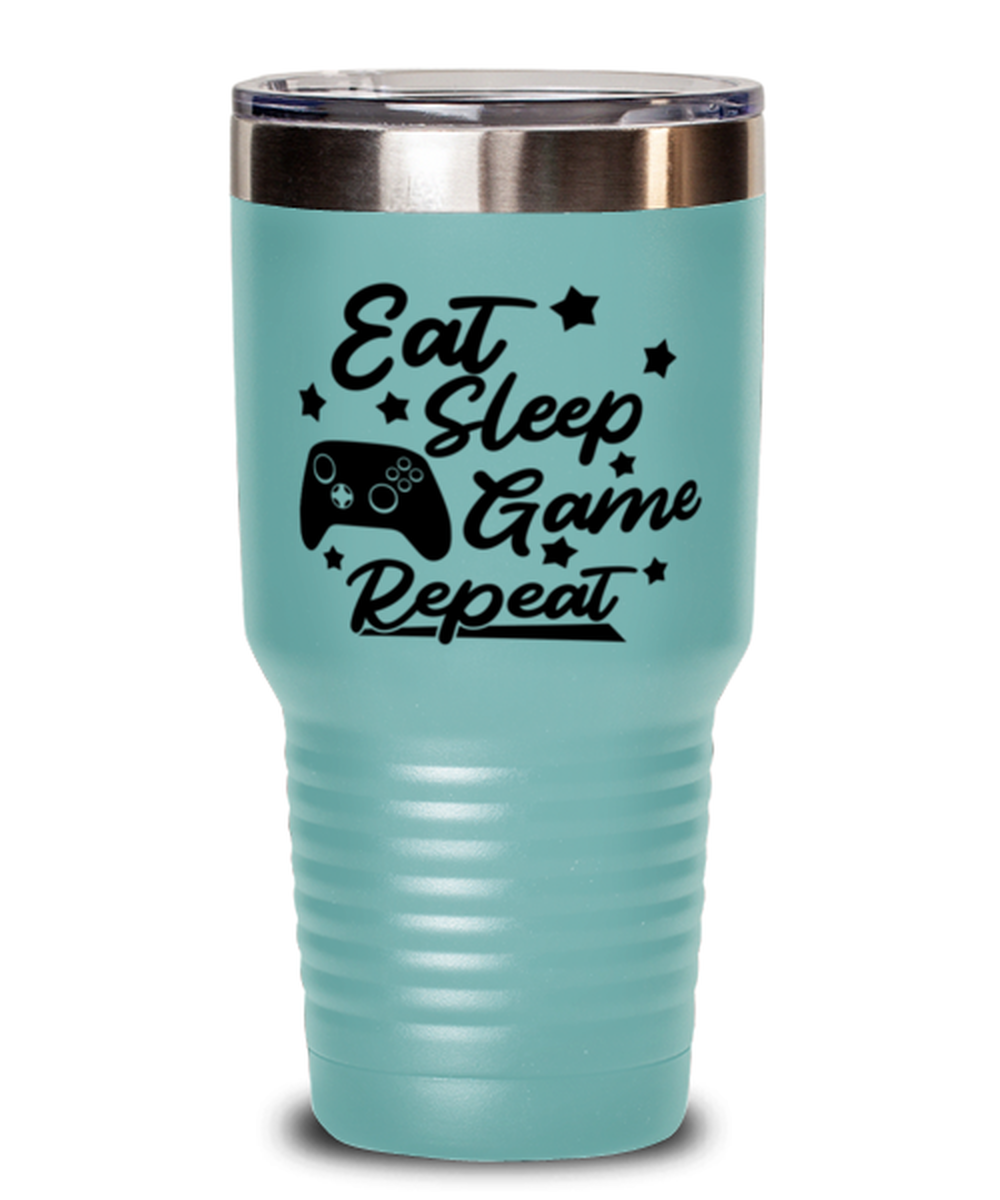 Eat-sleep-game-repeat , teal Tumbler 30oz. Model 60075