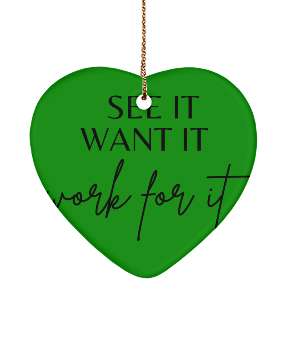 Brighten Your Xmas with This Ornament, green , Motivational Christmas Holiday heart Shape Ornament. Model 60097