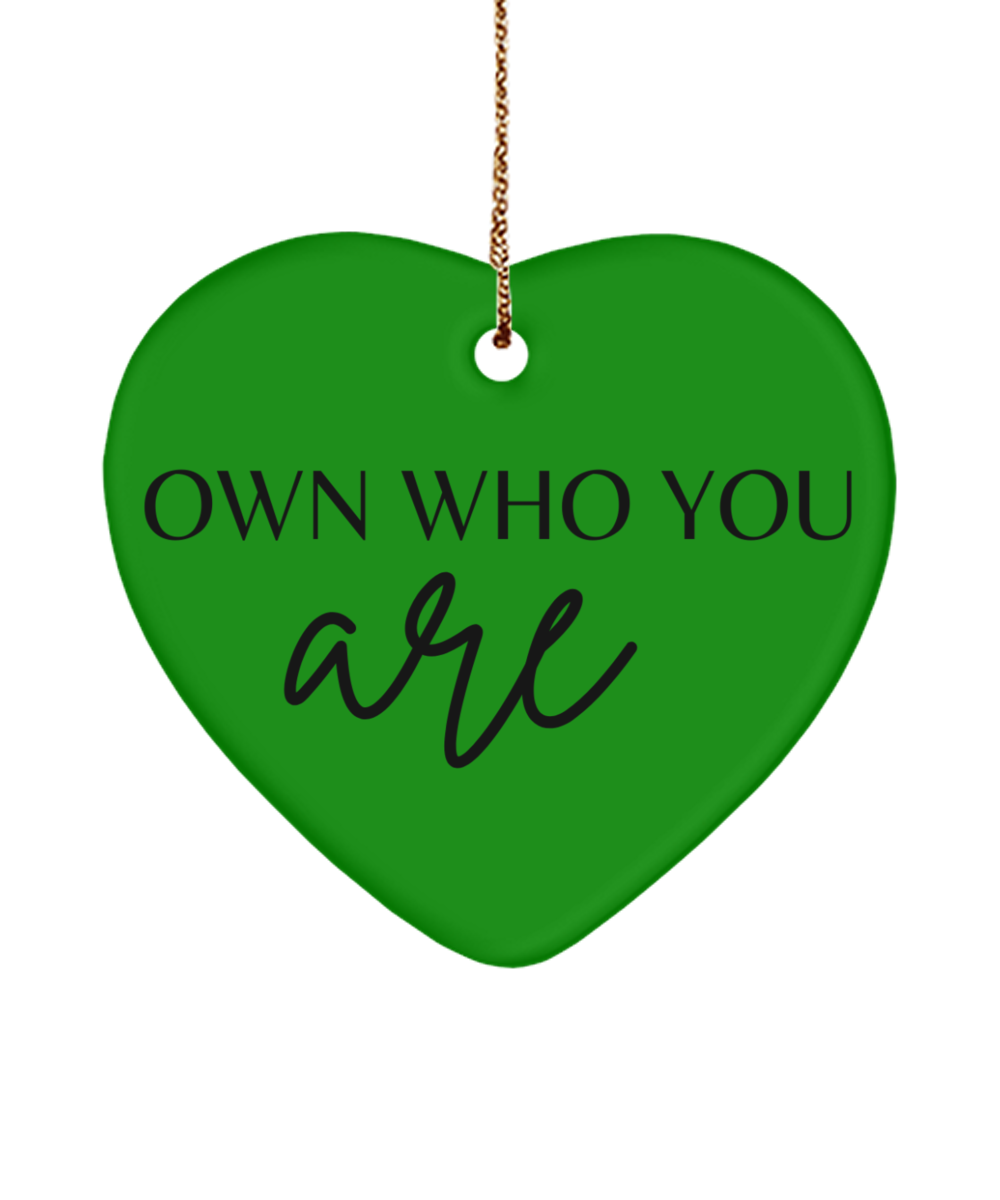 Dream, Inspire, Decorate: Xmas Ornament, green , Motivational Christmas Holiday heart Shape Ornament. Model 60097
