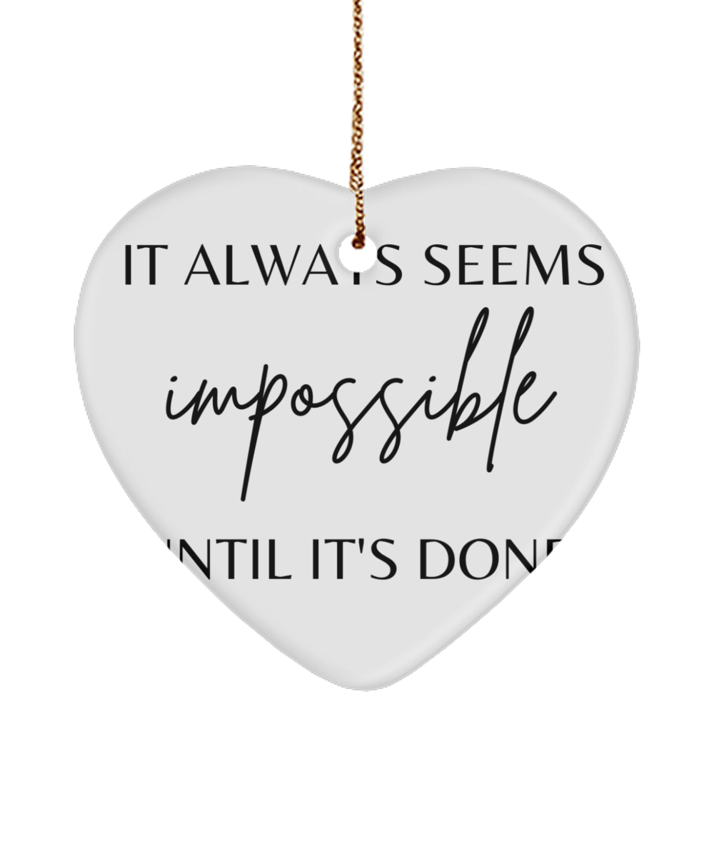 Elevate the Holidays with Inspiration, white, Motivational Christmas Holiday heart Shape Ornament. Model 60097