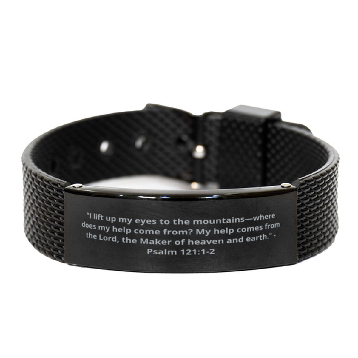 "I lift up my eyes to the mountains-where does my help come from? My help comes from the Lord, the Maker of heaven and earth." - Psalm 121:1-2, Black Shark Mesh Bracelet. Model 600101