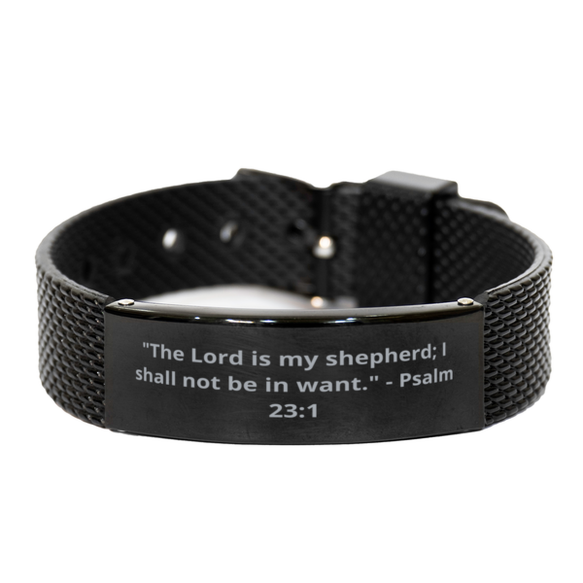 "The Lord is my shepherd; I shall not be in want." - Psalm 23:1, Black Shark Mesh Bracelet. Model 600101