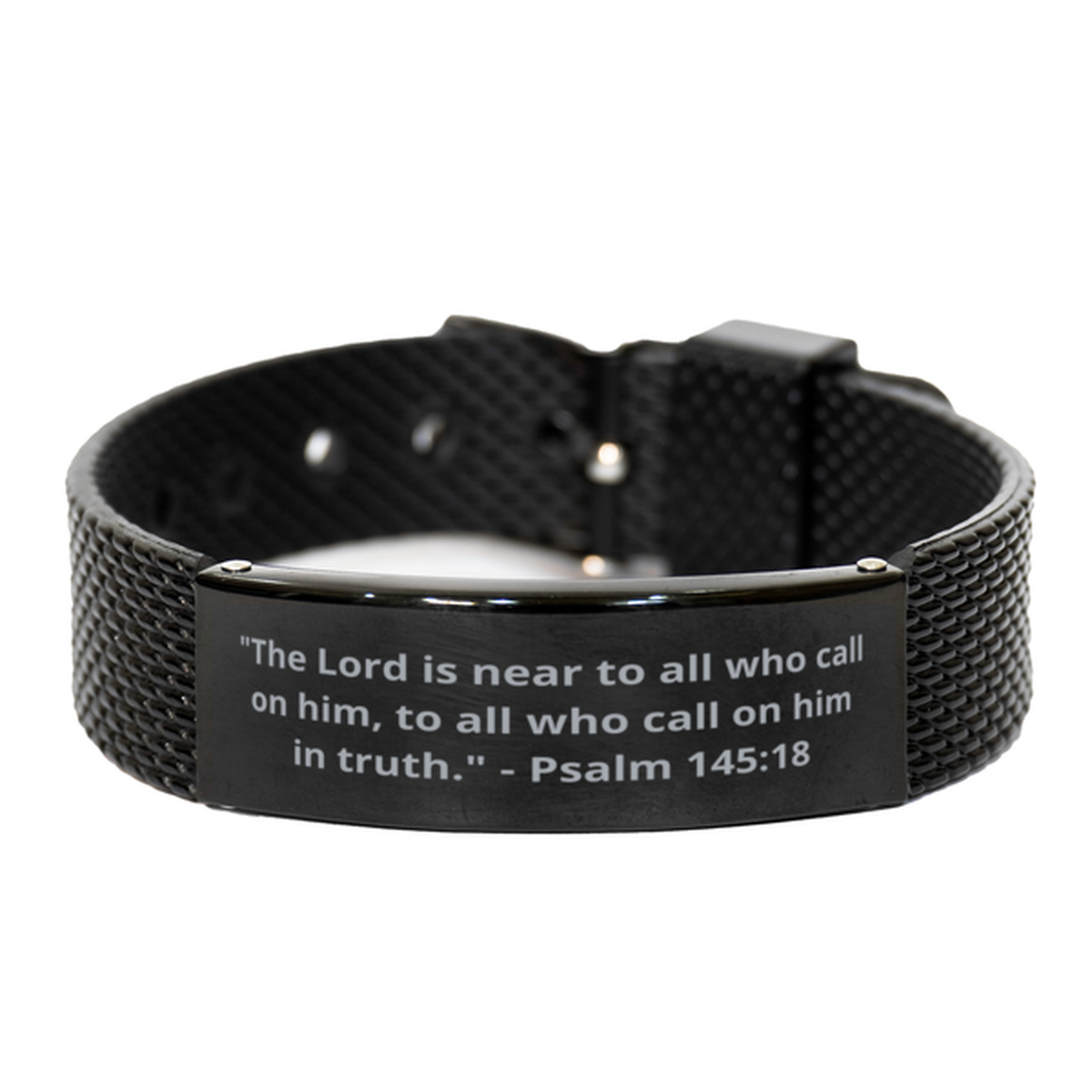 "The Lord is near to all who call on him, to all who call on him in truth." - Psalm 145:18, Black Shark Mesh Bracelet. Model 600101