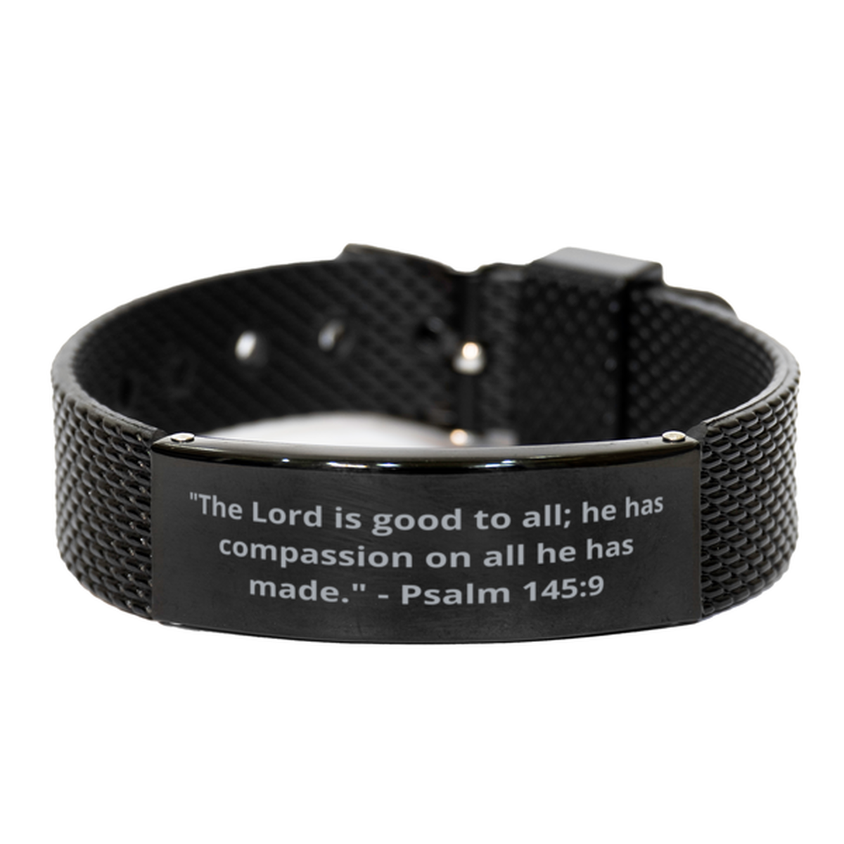 "The Lord is good to all; he has compassion on all he has made." - Psalm 145:9, Black Shark Mesh Bracelet. Model 600101
