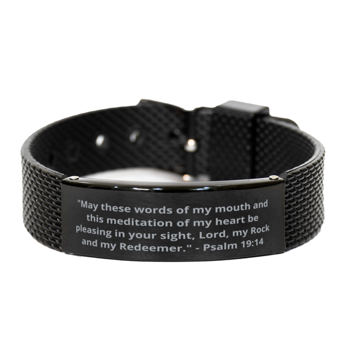 "May these words of my mouth and this meditation of my heart be pleasing in your sight, Lord, my Rock and my Redeemer." - Psalm 19:14, Black Shark Mesh Bracelet. Model 600101