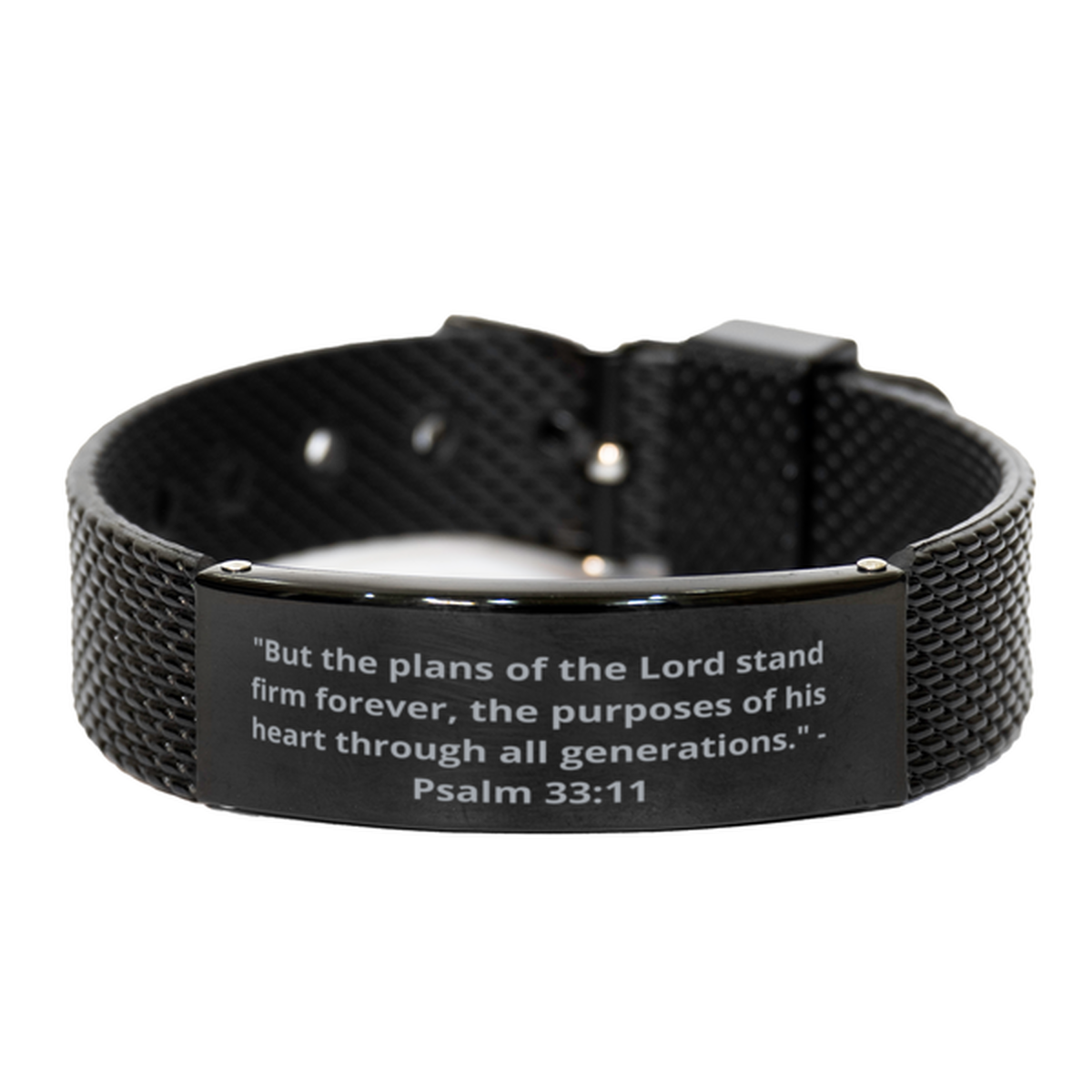 "But the plans of the Lord stand firm forever, the purposes of his heart through all generations." - Psalm 33:11, Black Shark Mesh Bracelet. Model 600101