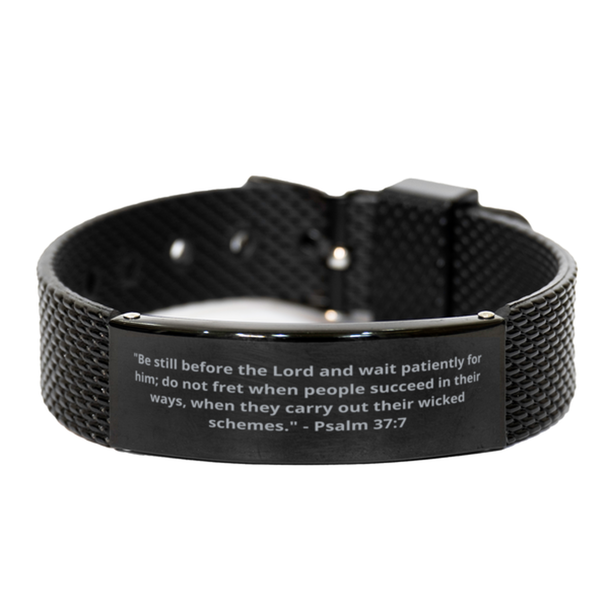 "Be still before the Lord and wait patiently for him; do not fret when people succeed in their ways, when they carry out their wicked schemes." - Psalm 37:7, Black Shark Mesh Bracelet. Model 600101