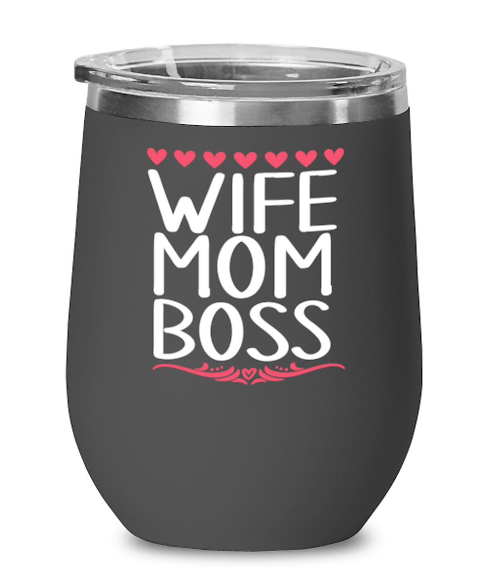 Wife, Mom, Boss, black Wineglass. Model 60043