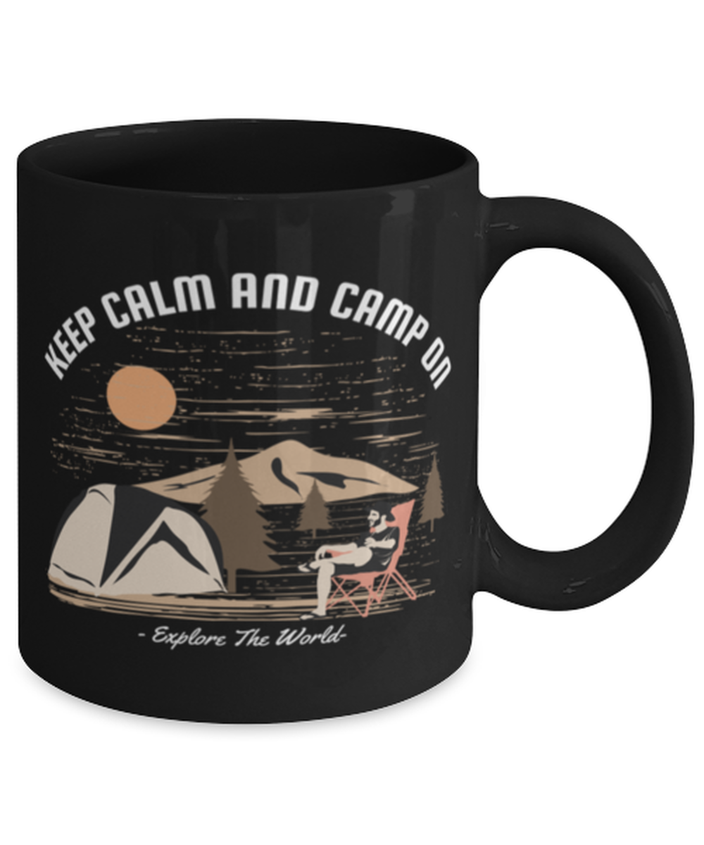 Keep Calm and Camp On, black Coffee Mug, Coffee Cup 11oz. Model 60071