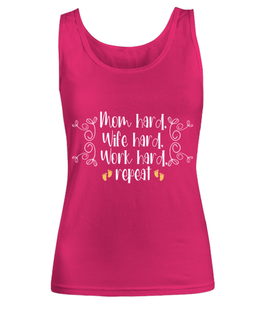 Mom hard, Wife hard, Work hard, repeat, heliconia Women's Tank Top. Model 60045