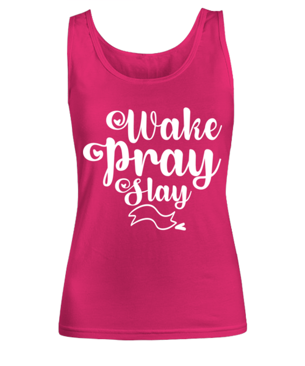 Wake Pray Slay, heliconia Women's Tank Top. Model 60045