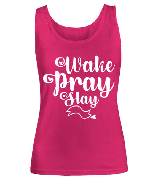Wake Pray Slay, heliconia Women's Tank Top. Model 60045