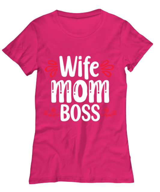 Wife Mom Boss, heliconia Women's Tee. Model 60045