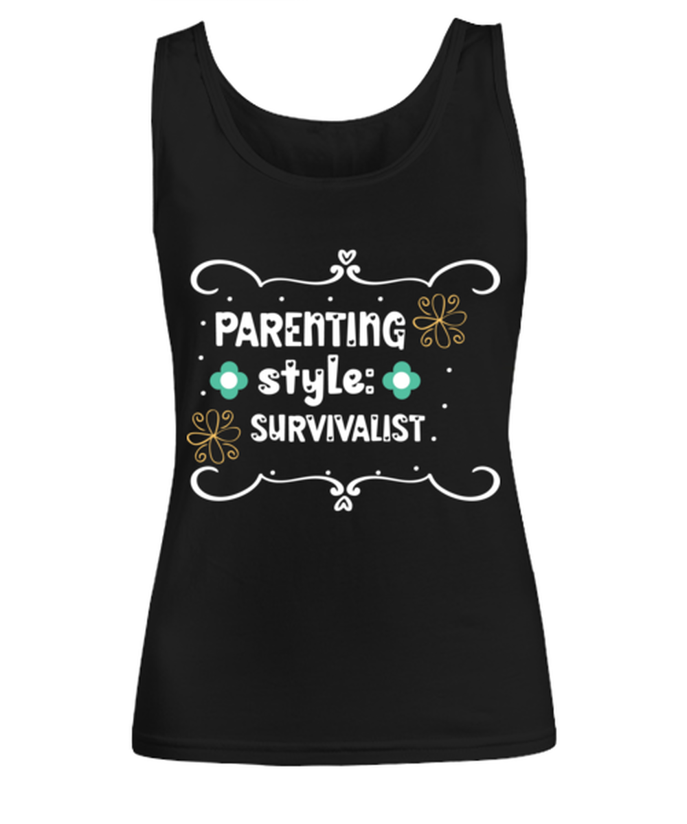 Parenting style- Survivalist, black Women's Tee. Model 60045