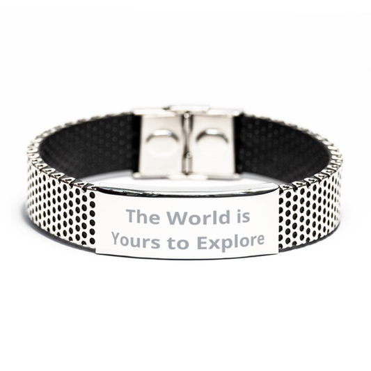 The World is Yours to Explore,  Stainless Steel Bracelet. Model 60054