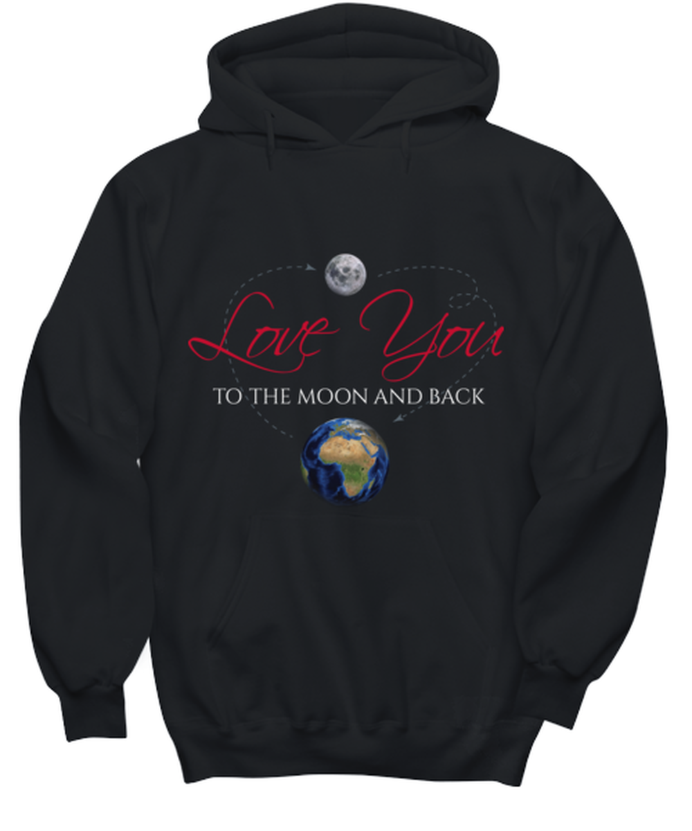 love you to the moon and back, black hoodie. Model 60056