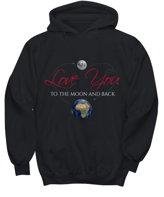 love you to the moon and back, black hoodie. Model 60056