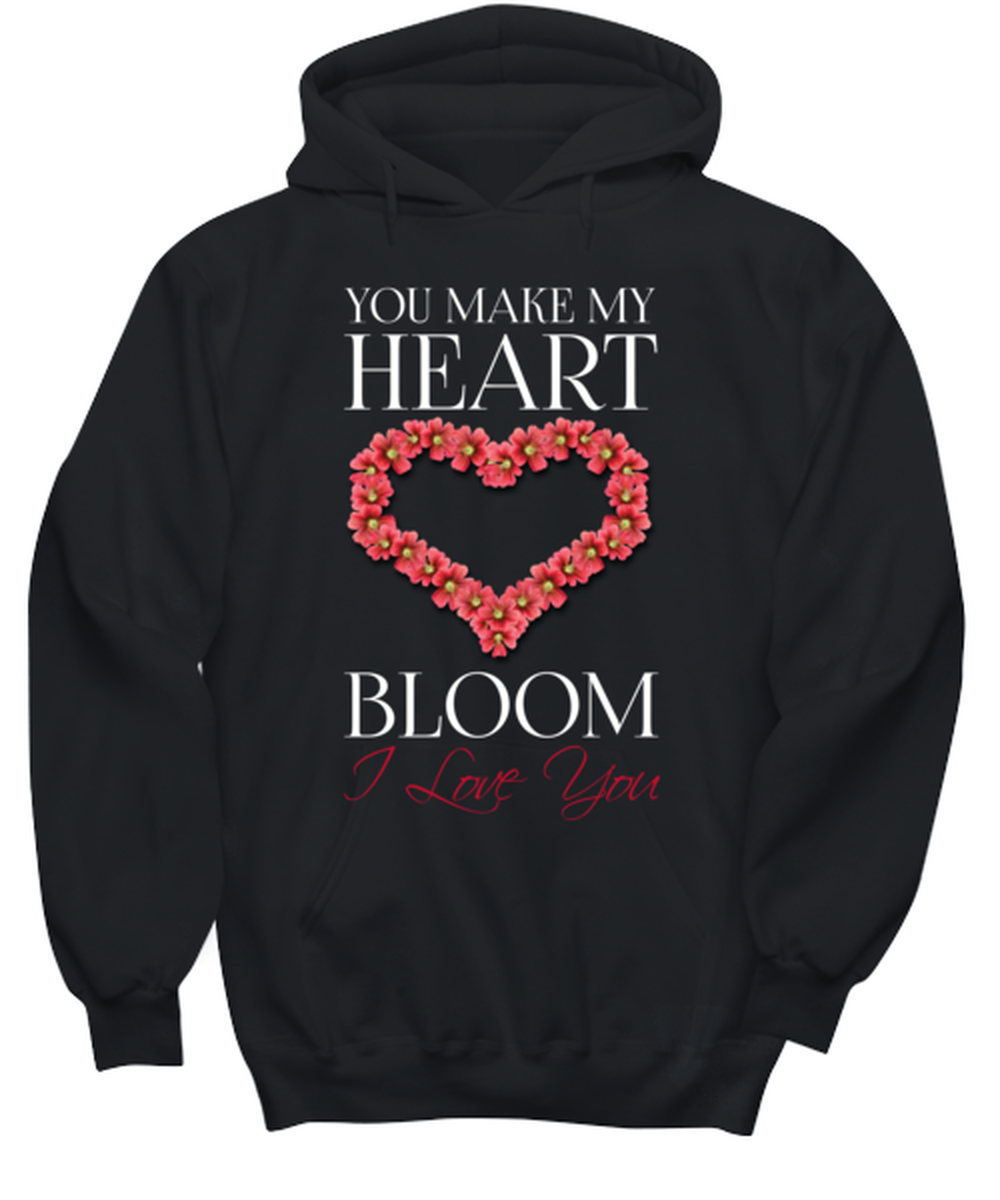 You make my heart Bloom  I love you, black hoodie. Model 60056