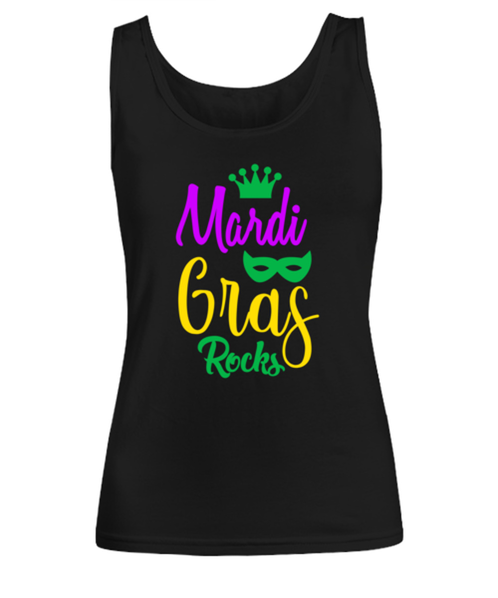 Mardi Gras Rocks, black Women's Tank Top. Model 60058