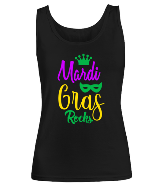 Mardi Gras Rocks, black Women's Tank Top. Model 60058
