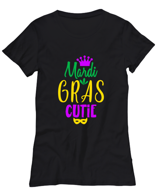 Mardi Gras Cutie, black Women's Tee. Model 60058