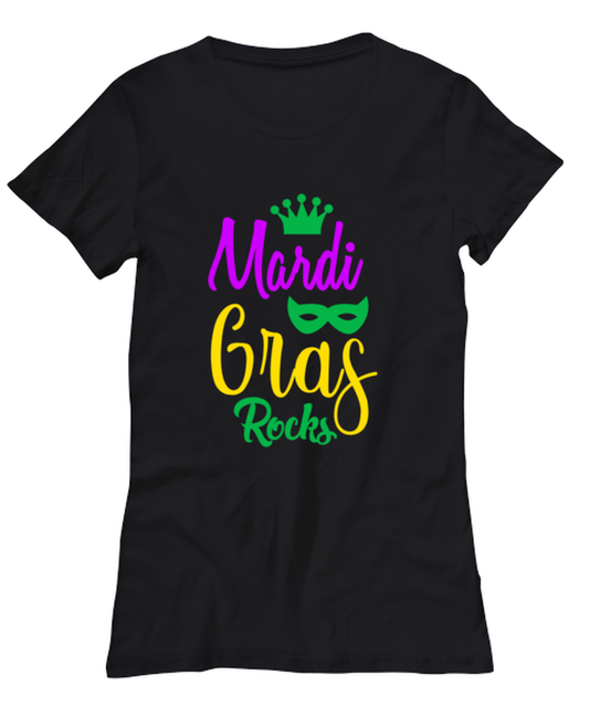 Mardi Gras Rocks, black Women's Tee. Model 60058