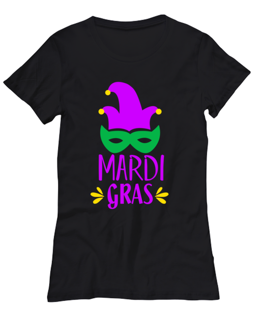 Mardi Gras, black Women's Tee. Model 60058