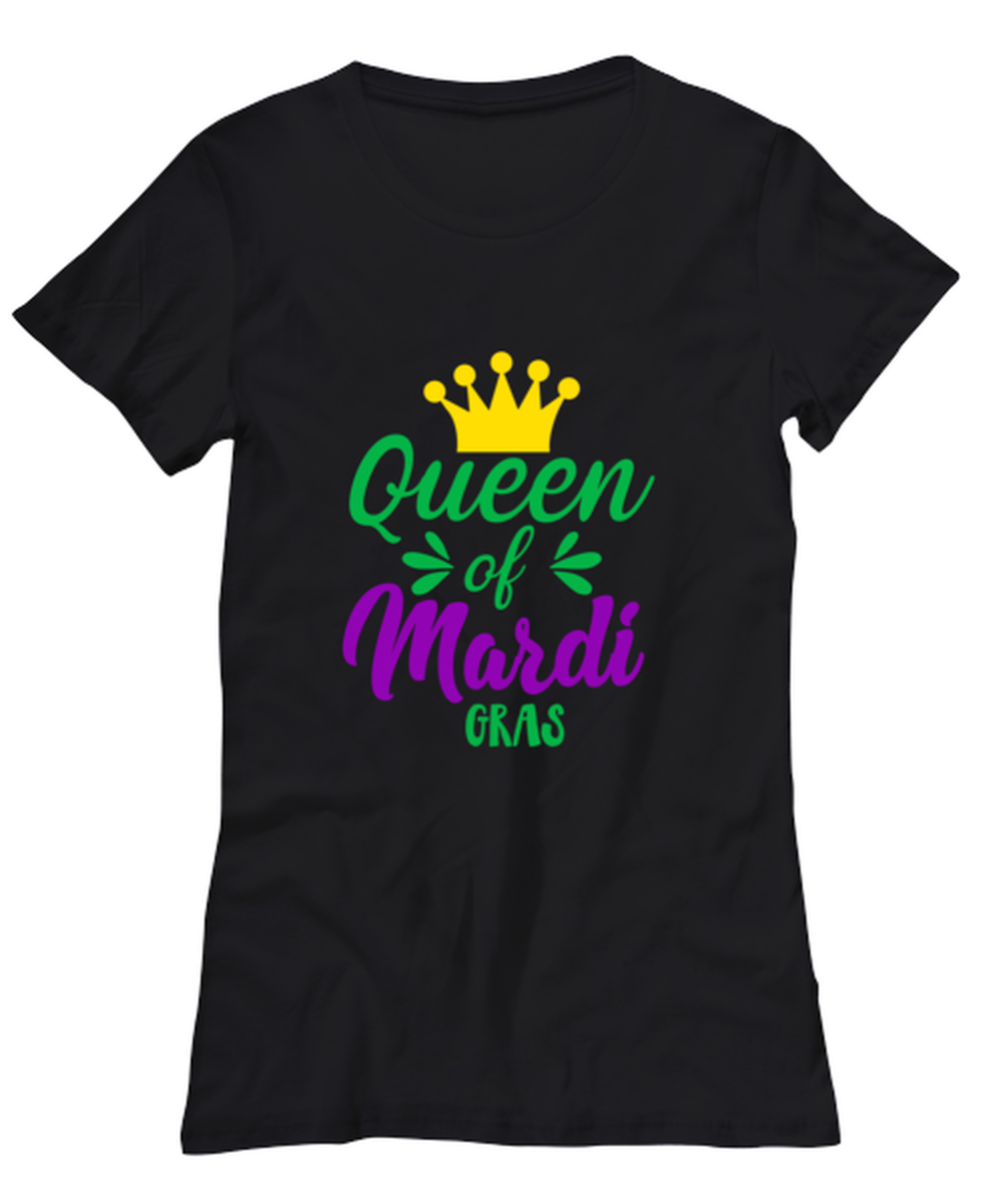 Queen of Mardi Gras, black Women's Tee. Model 60058