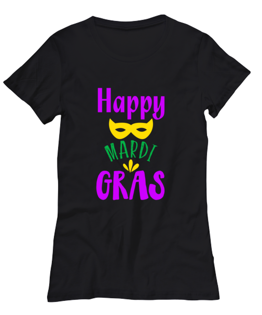 Happy Mardi Gras, black Women's Tee. Model 60058