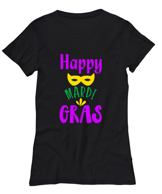 Happy Mardi Gras, black Women's Tee. Model 60058