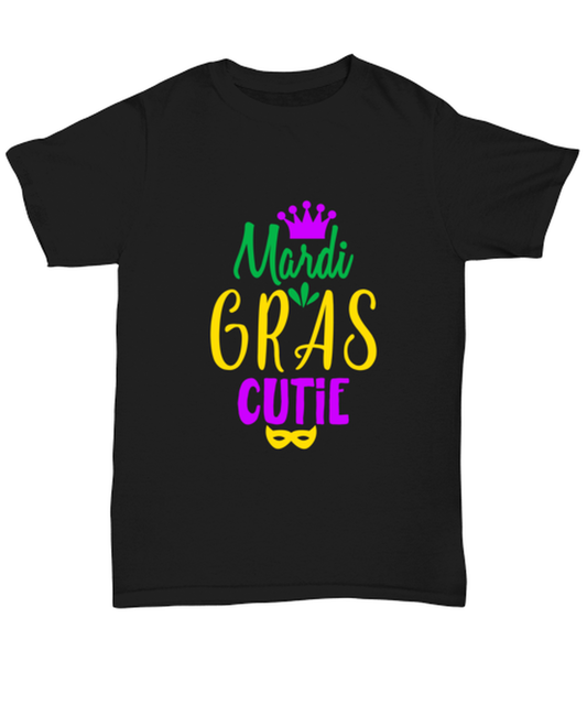 Mardi Gras Cutie, black Unisex Tee. Model 60058