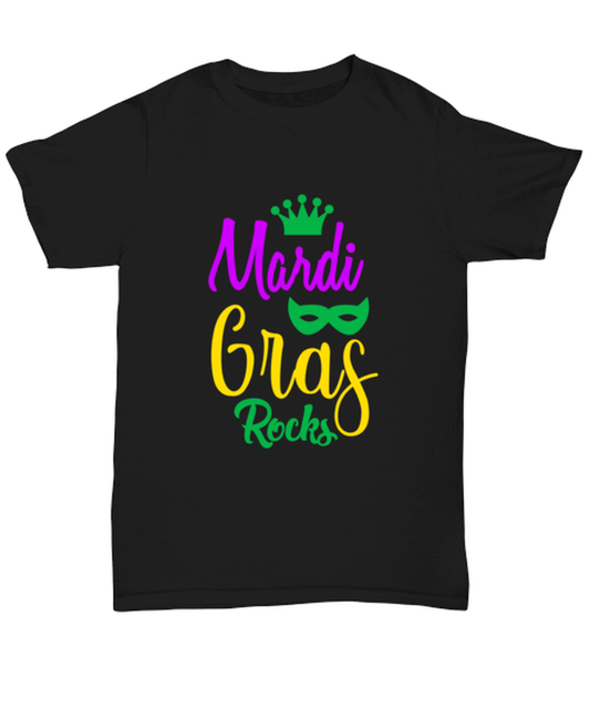 Mardi Gras Rocks, black Unisex Tee. Model 60058