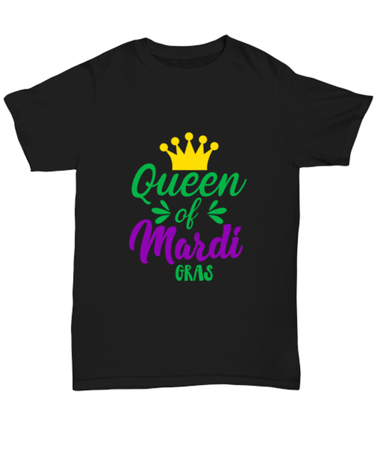 Queen of Mardi Gras, black Unisex Tee. Model 60058