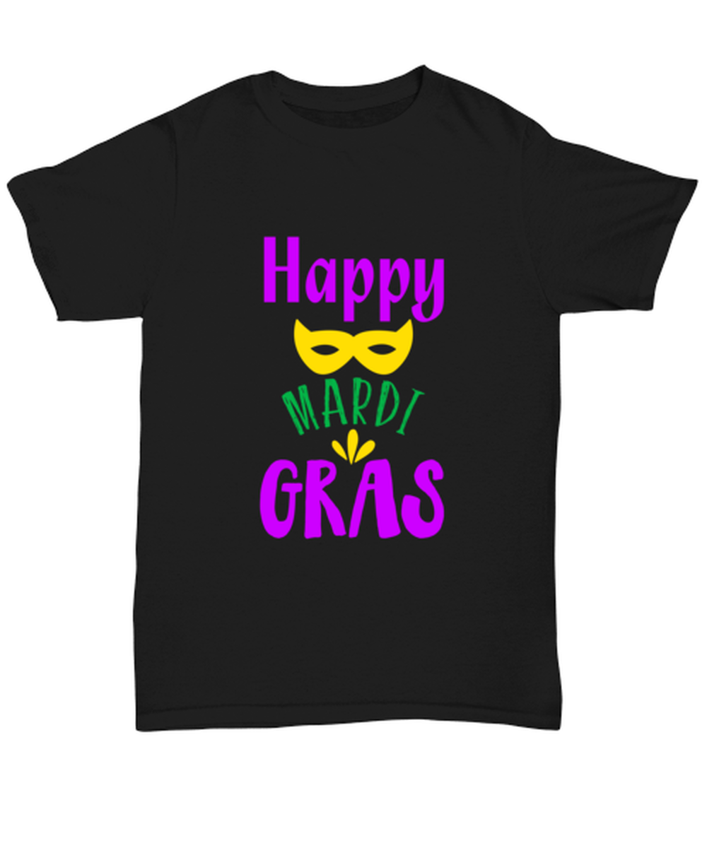 Happy Mardi Gras, black Unisex Tee. Model 60058