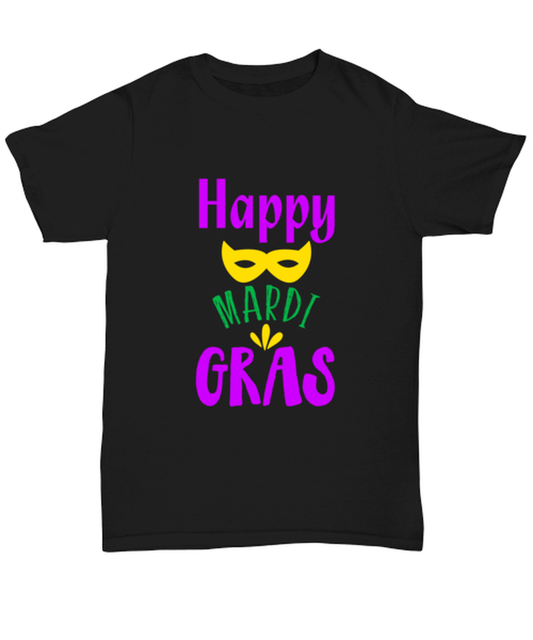 Happy Mardi Gras, black Unisex Tee. Model 60058