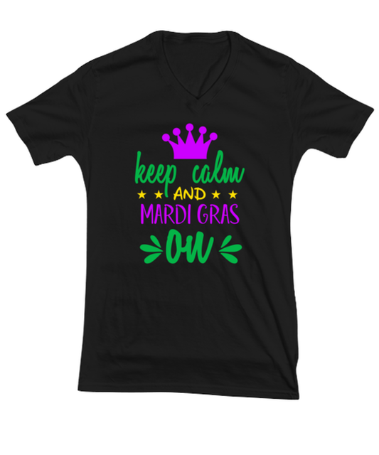 Keep calm and Mardi Gras on, black Vneck Tee. Model 60058