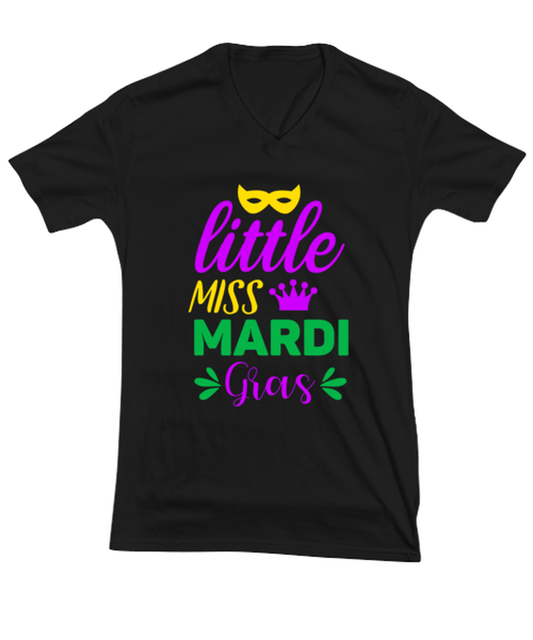 Little miss Mardi Gras, black Vneck Tee. Model 60058