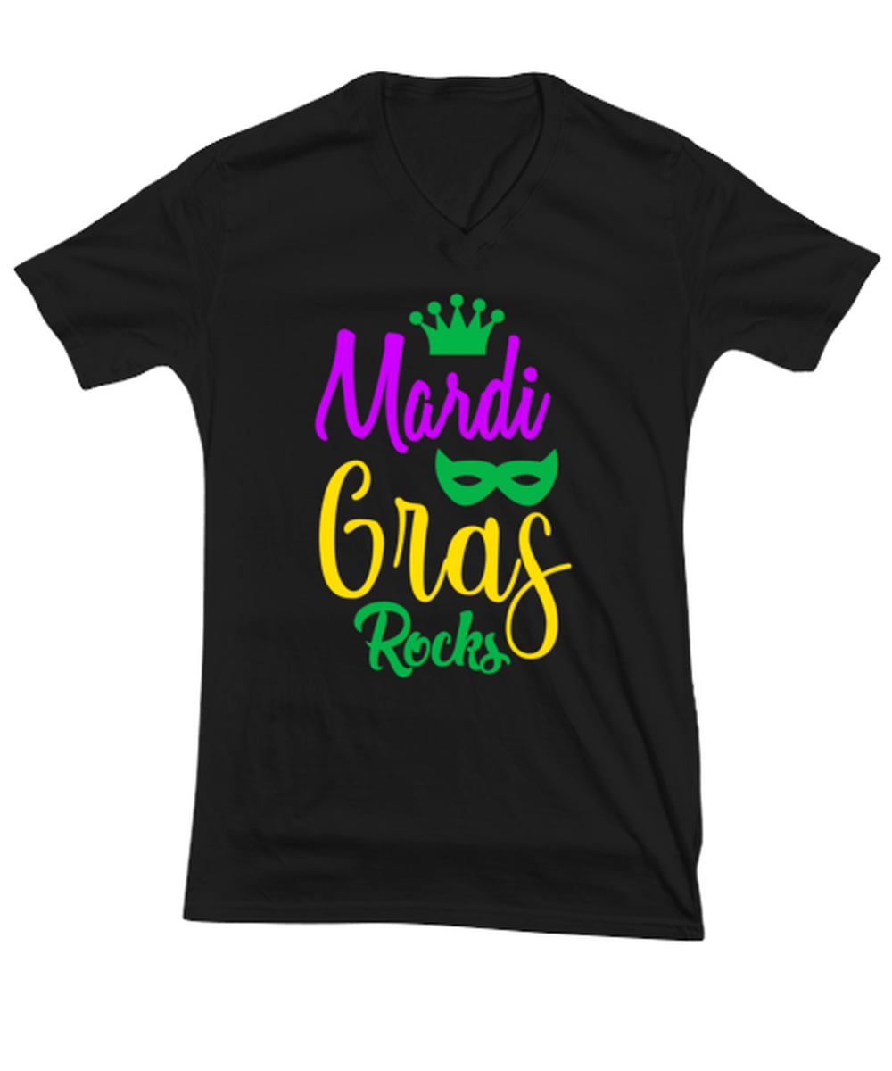 Mardi Gras Rocks, black Vneck Tee. Model 60058