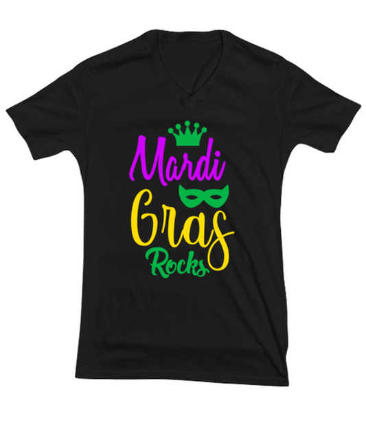 Mardi Gras Rocks, black Vneck Tee. Model 60058