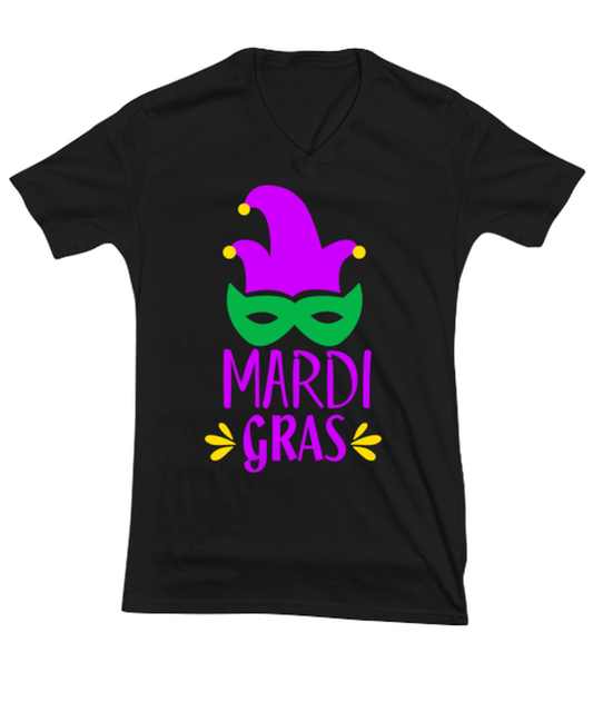 Mardi Gras, black Vneck Tee. Model 60058
