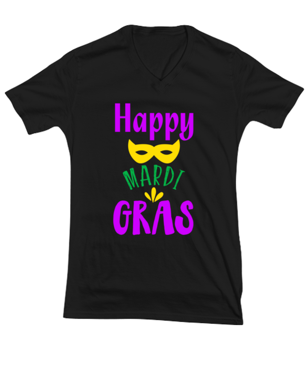 Happy Mardi Gras, black Vneck Tee. Model 60058