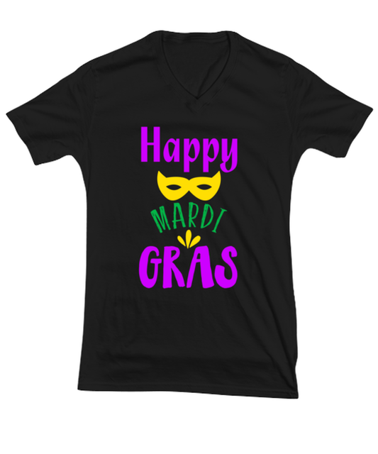 Happy Mardi Gras, black Vneck Tee. Model 60058