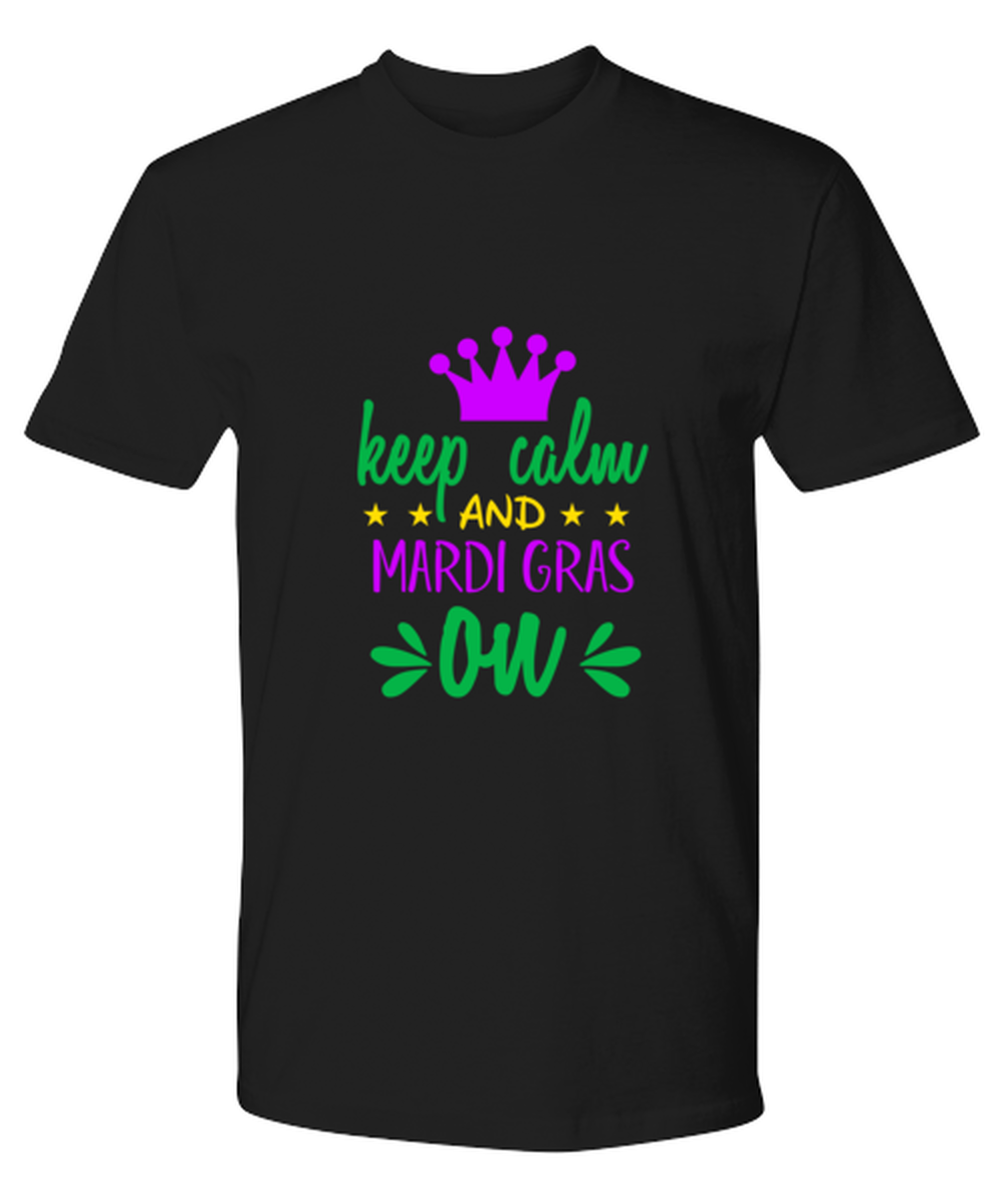 Keep calm and Mardi Gras on, black Premium Tee. Model 60058