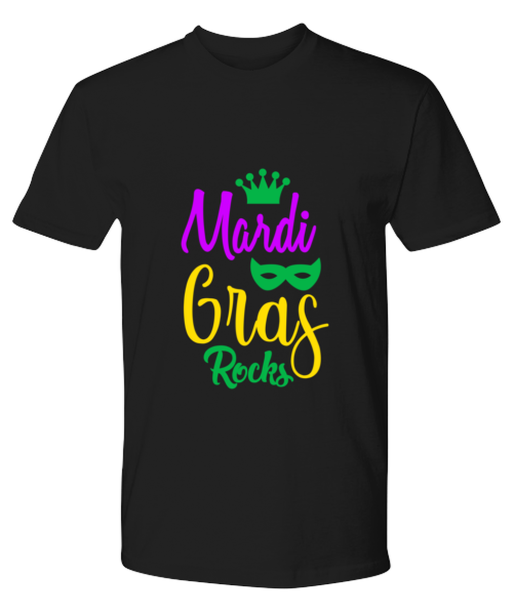 Mardi Gras Rocks, black Premium Tee. Model 60058